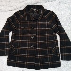 600 West Jacket Womens M‎ Black Wool Blend Coat Plaid Pea Coat Pockets Cozy